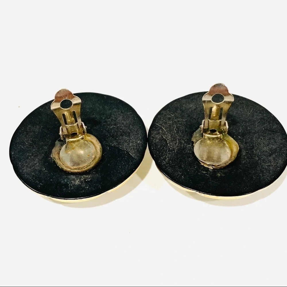 Vtg 80s Faux Jade/Silver Round Clip-On Earrings